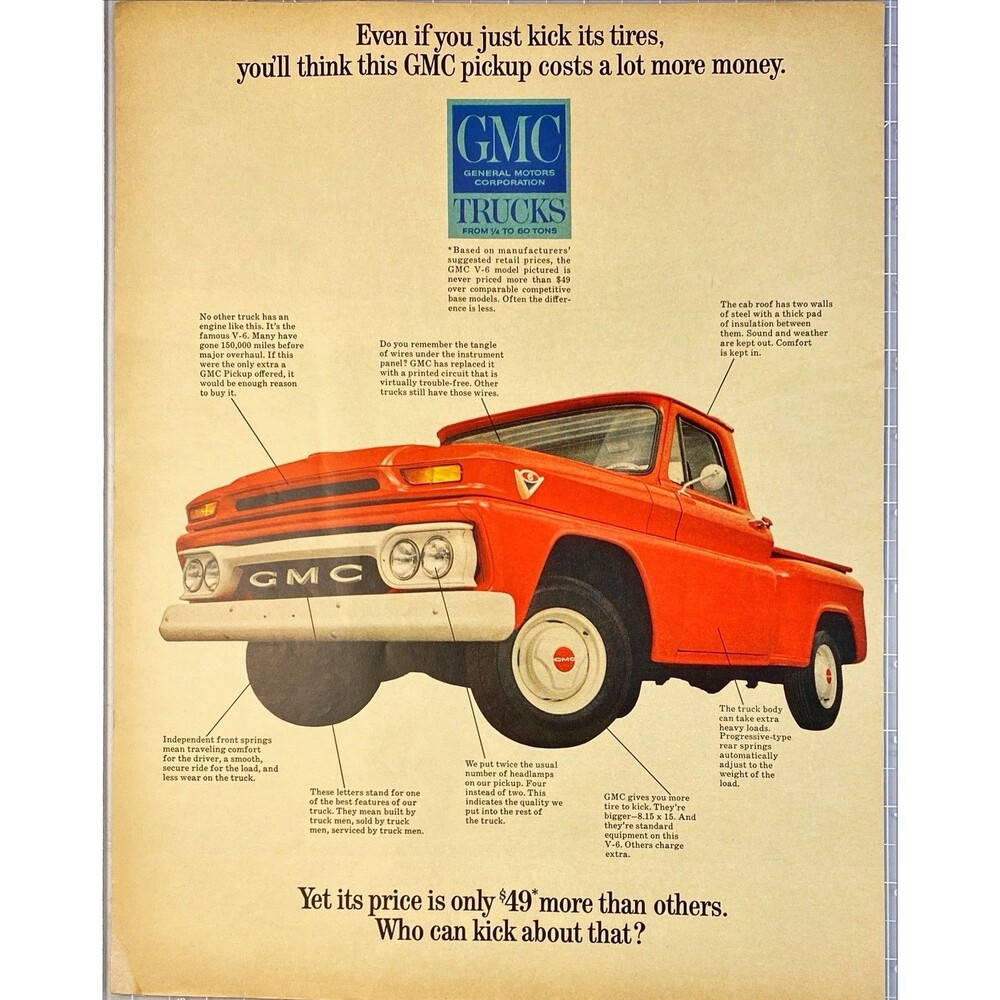 GMC Trucks "You'll Think GMC Pickup Costs a Lot More" Vintage Print Ad 1965